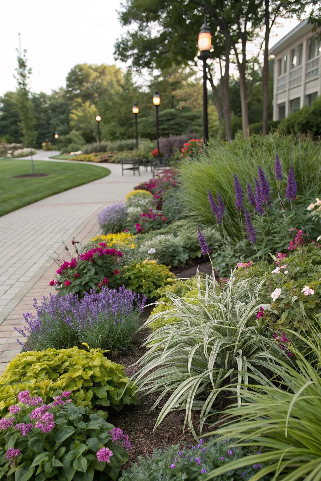 A harmonious blend of Whispering Grass, shrubs, and flowers creating a vivid garden scene.