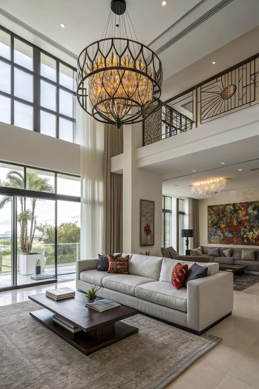 A contemporary living room showcasing a non-figurative chandelier with a daring design.