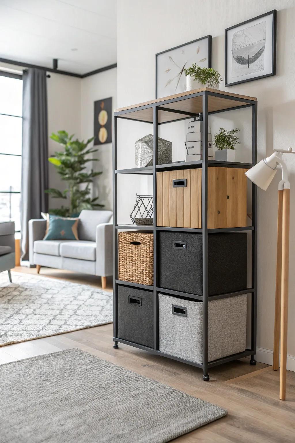 A blend of materials in cube storage adds texture and depth to the room.