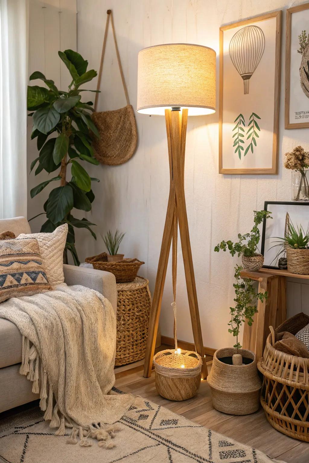 A cozy living room featuring a wooden floor lamp with natural decorating touches.