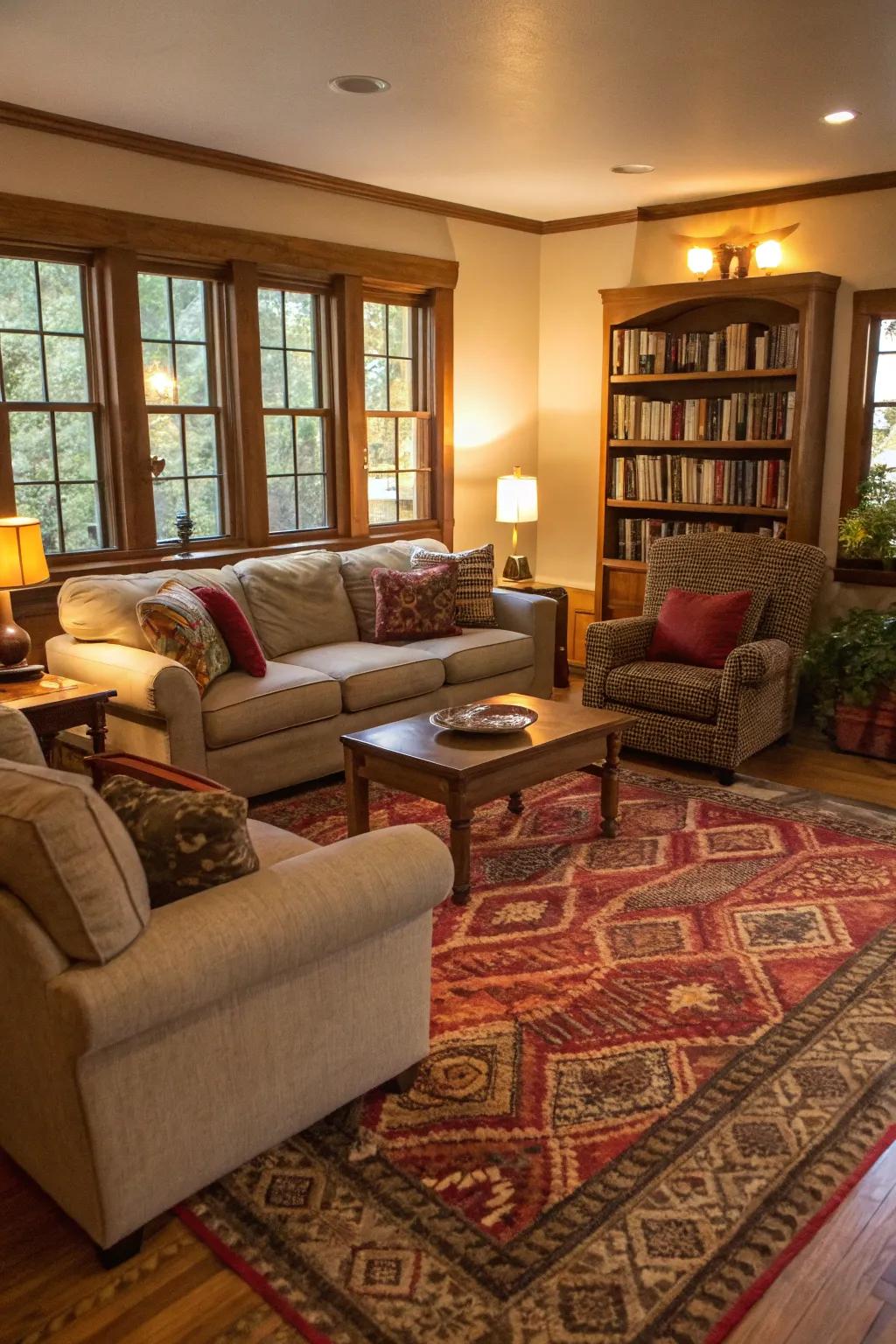 A tactile carpet delivers coziness and flair to the family room.