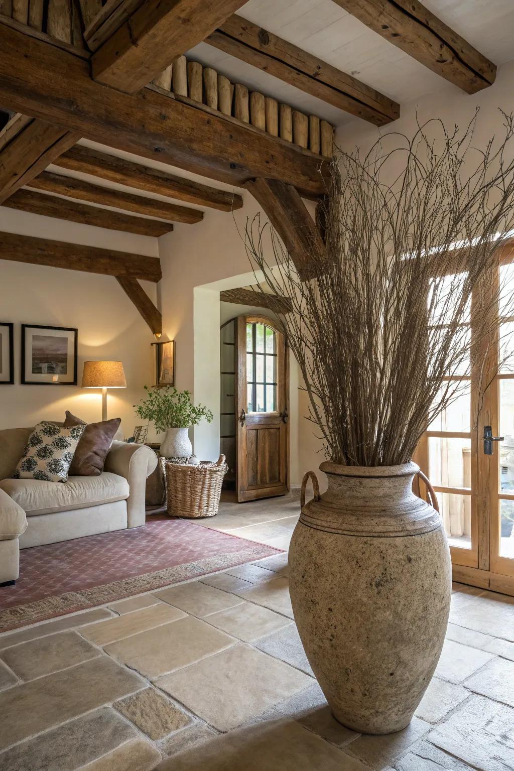 The refined exterior of a ceramic vase pairs wonderfully with rustic elements such as small branches and natural textiles.