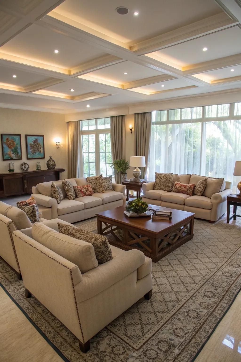 A spacious lounge featuring a U-shaped seating layout excellent for gatherings.