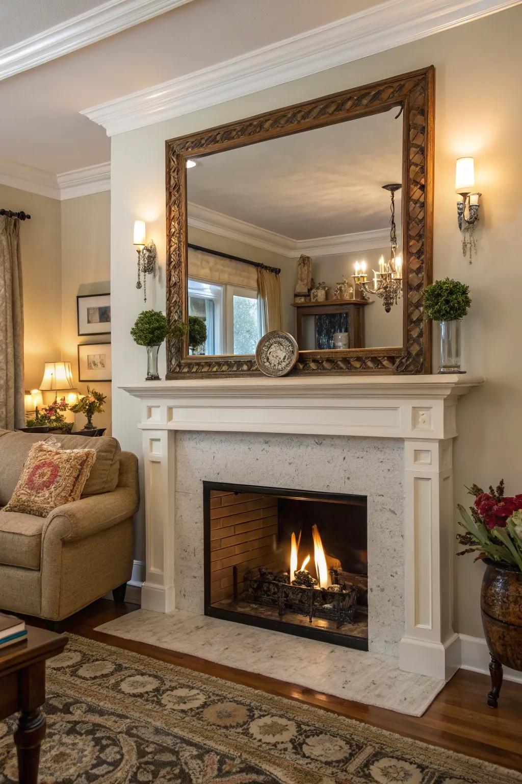 A mirror above the mantel adds charm and focus to your fireplace.