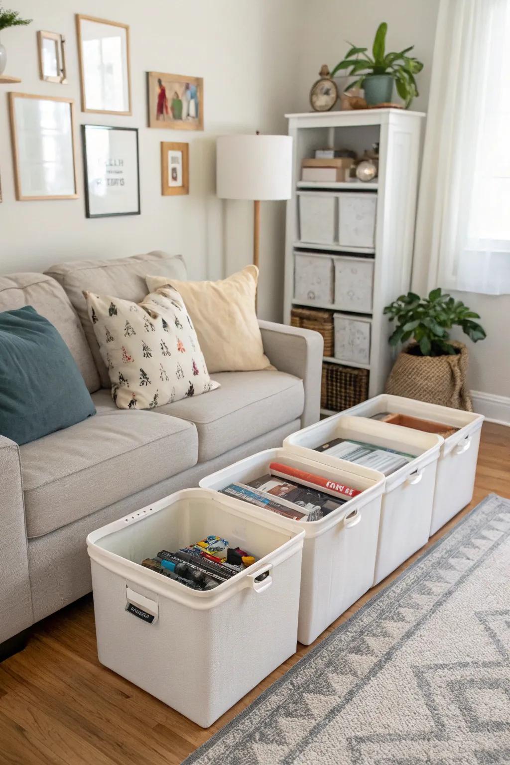 Bins under furniture help keep things out of sight.