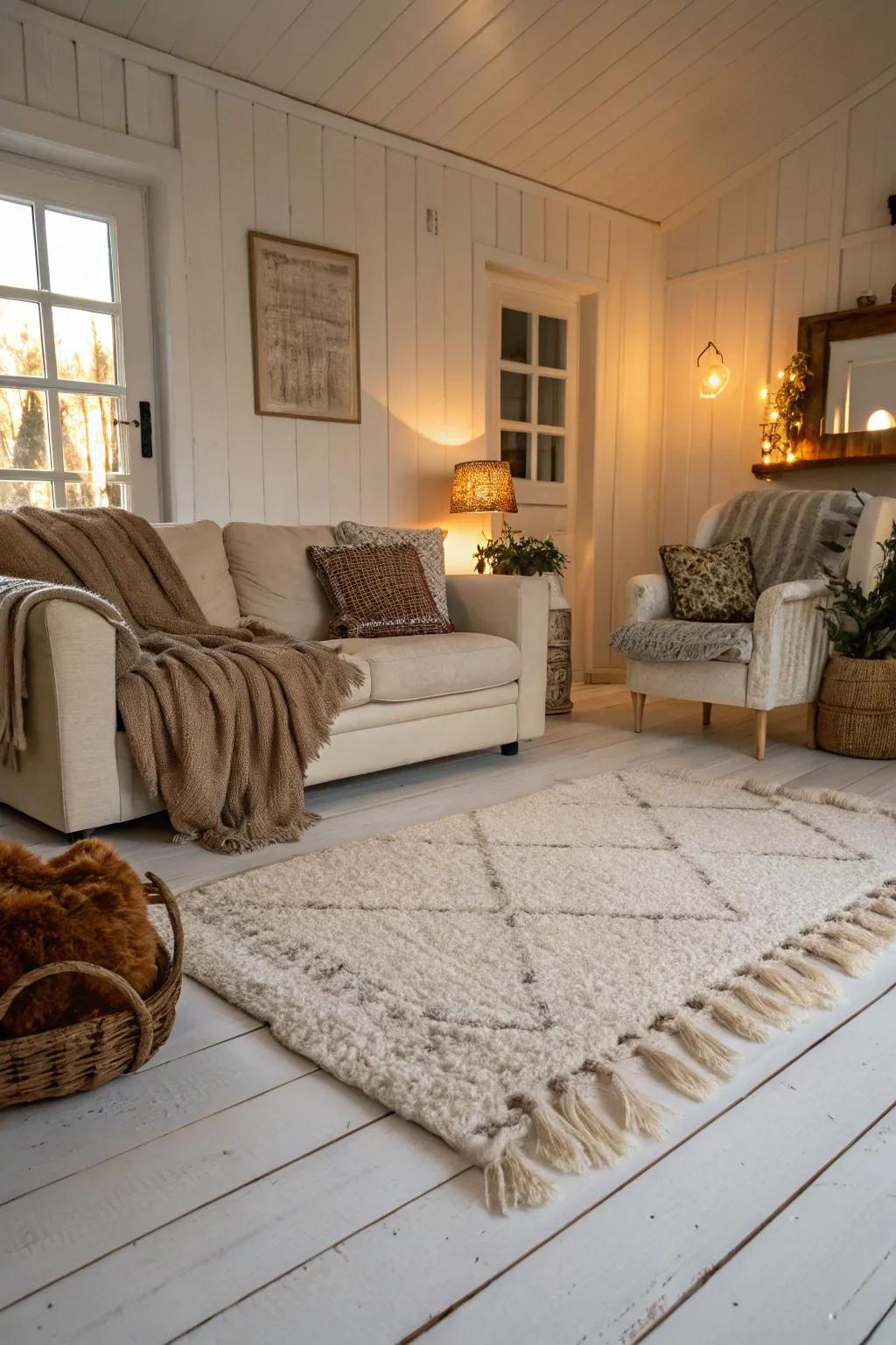 Delicate textures deliver warmth and comfort to a room with white wood floors.