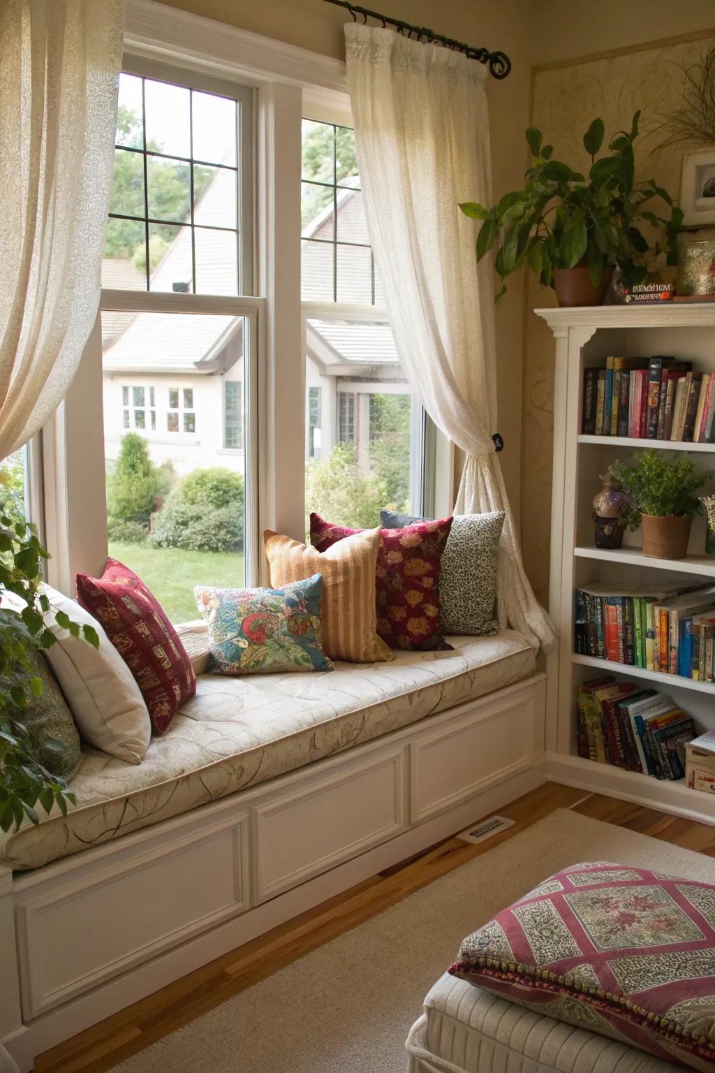 A calm window bench offering a perfect location for unwinding.