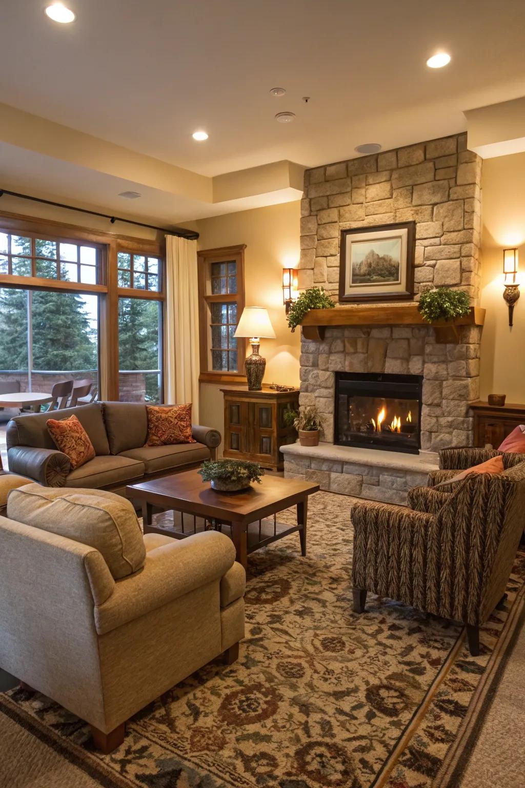 A functional living room design with seating arranged around the central fireplace.