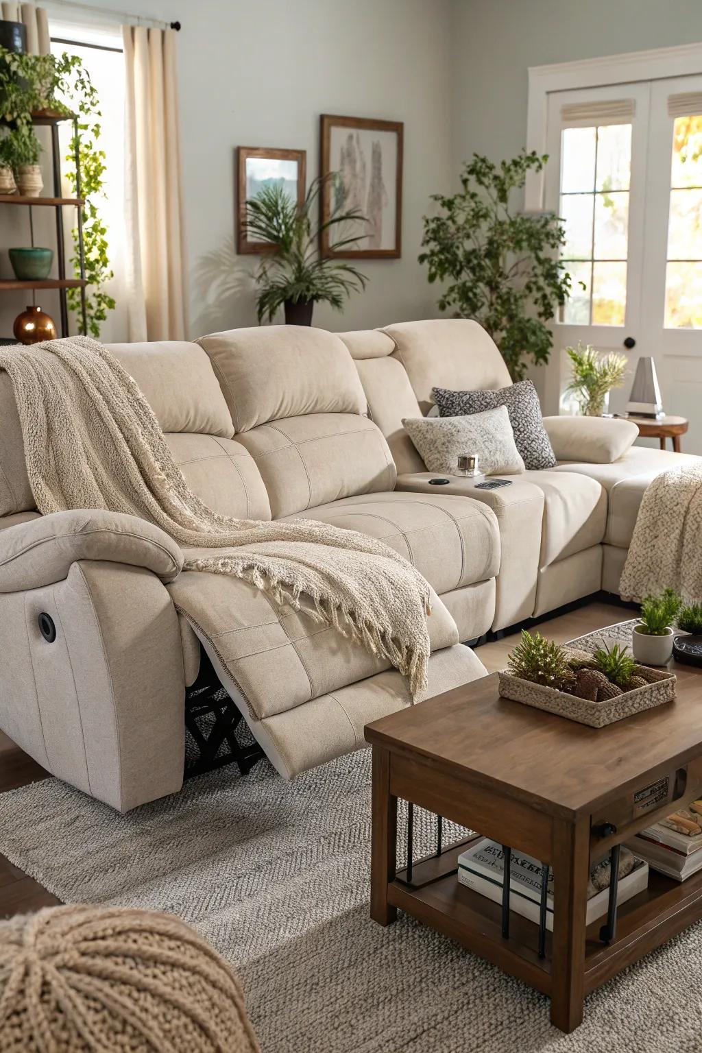 A smooth combination of comfort with a recliner and sectional sofa.