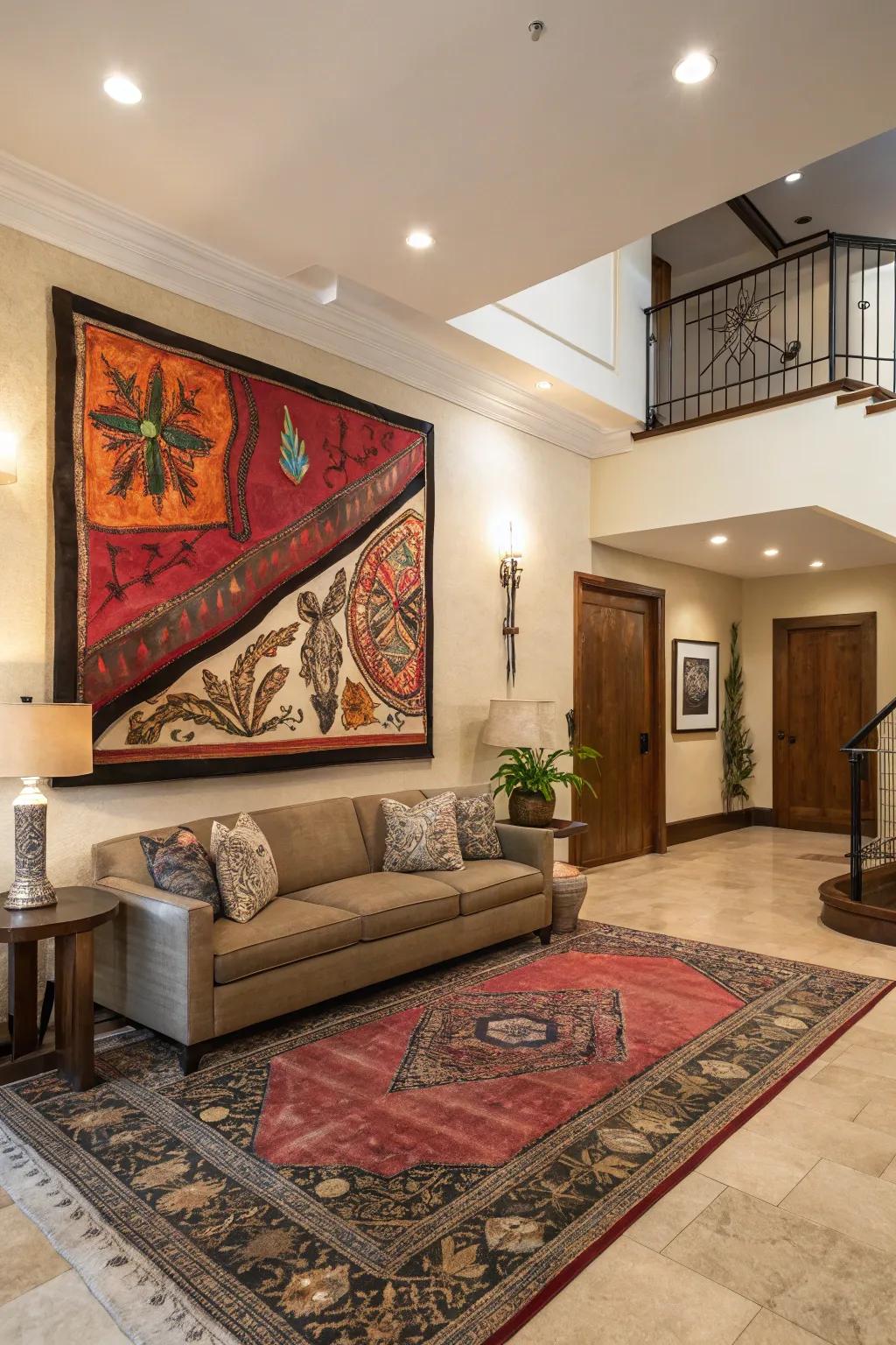 An entryway enhanced by a striking piece of art