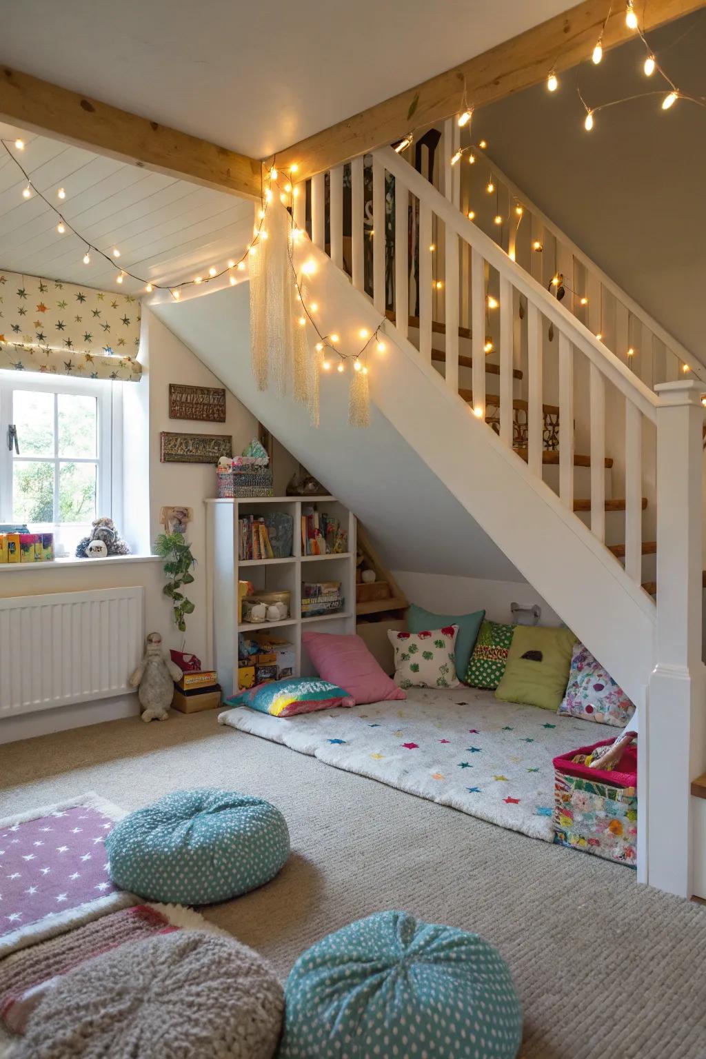 A secret sanctuary under the stairs offers a cozy retreat.