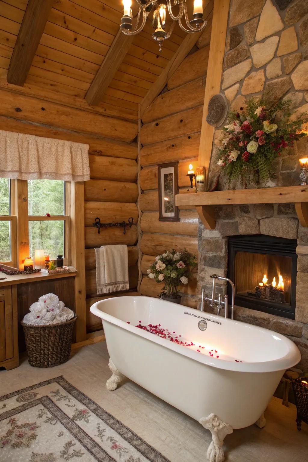 A log cabin bathroom featuring an individual clawfoot tub.