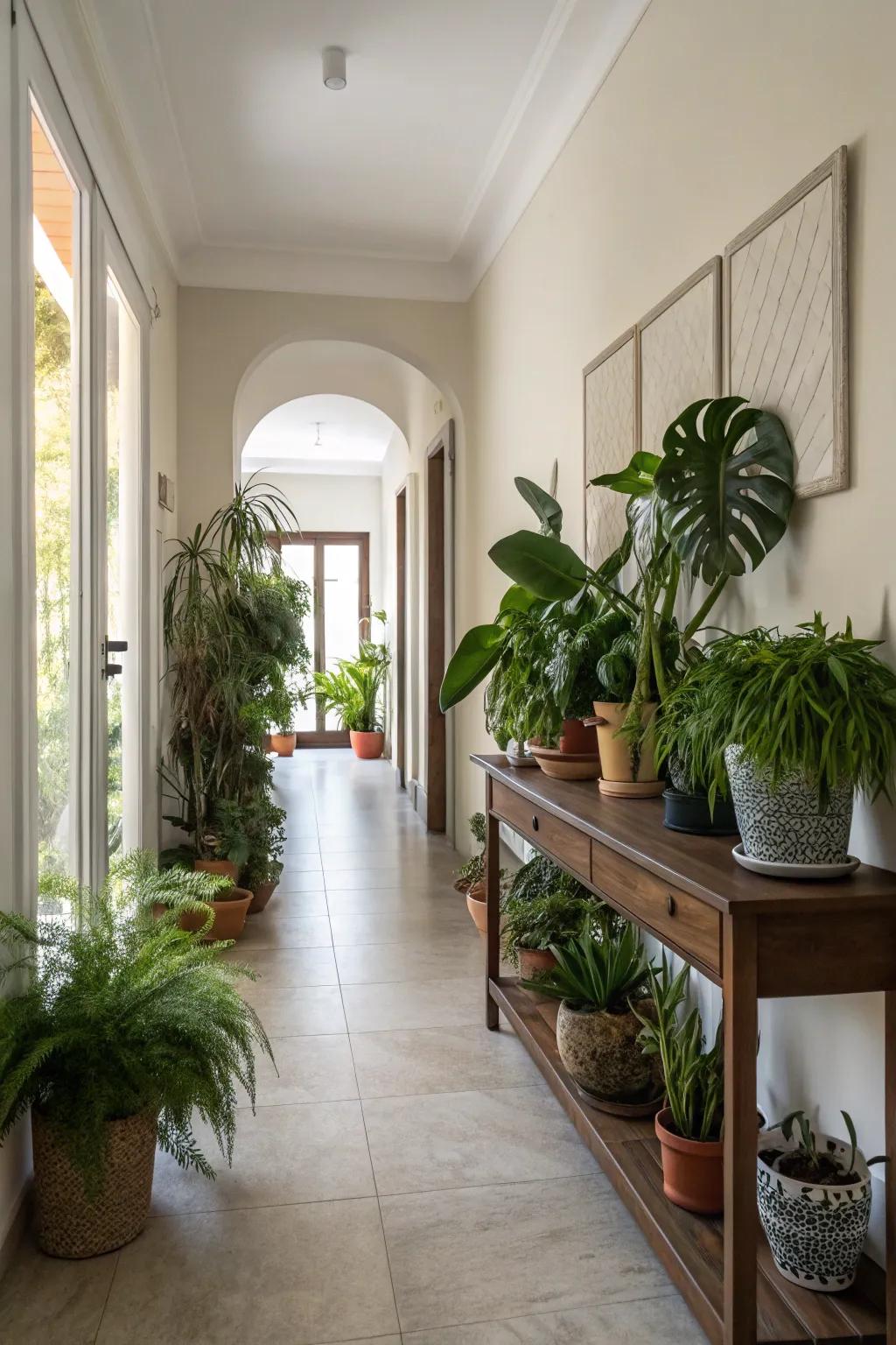 Indoor plants bring a breath of fresh air to this welcoming entryway.