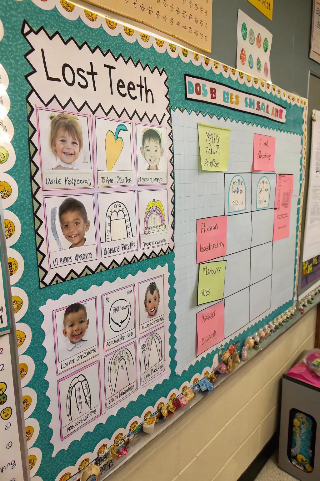 An active tracker for lost teeth where pupils can add stickers per tooth.