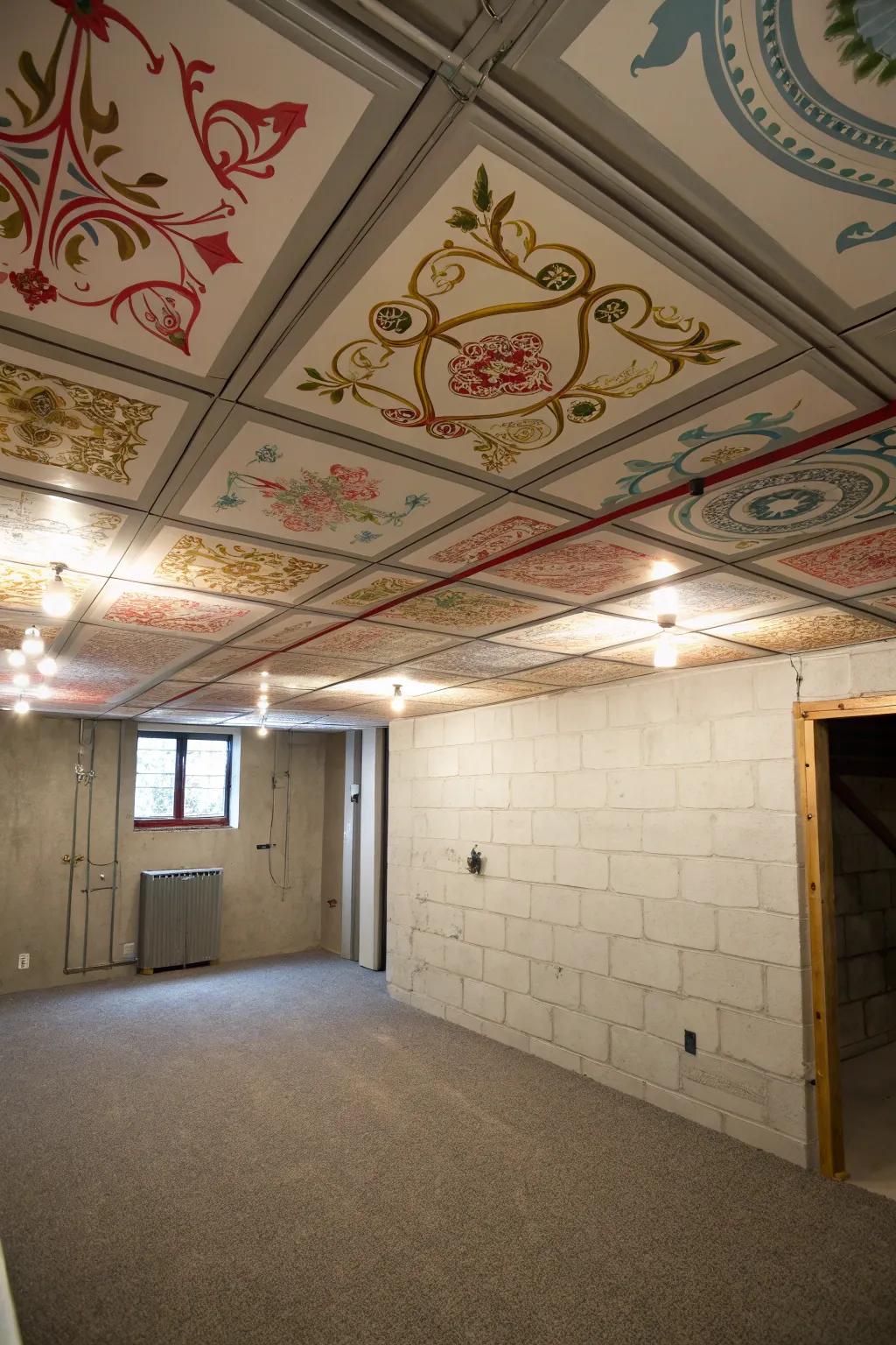 Painted paneling contributes dimension to a low basement ceiling.