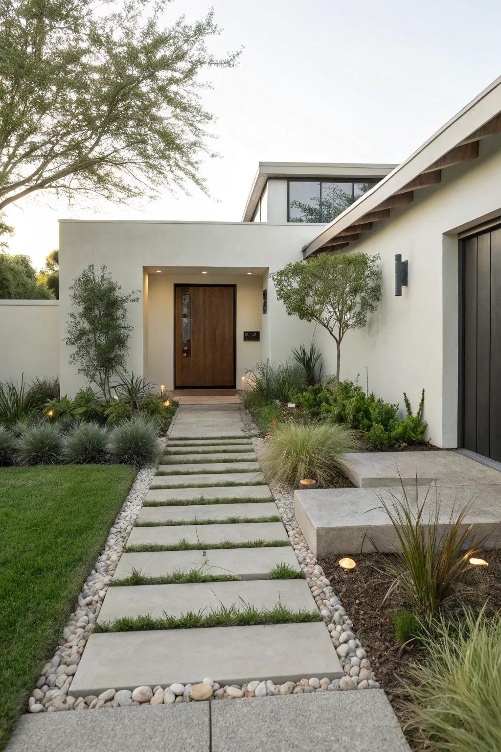 A simple front yard with clean lines and plants placed carefully.