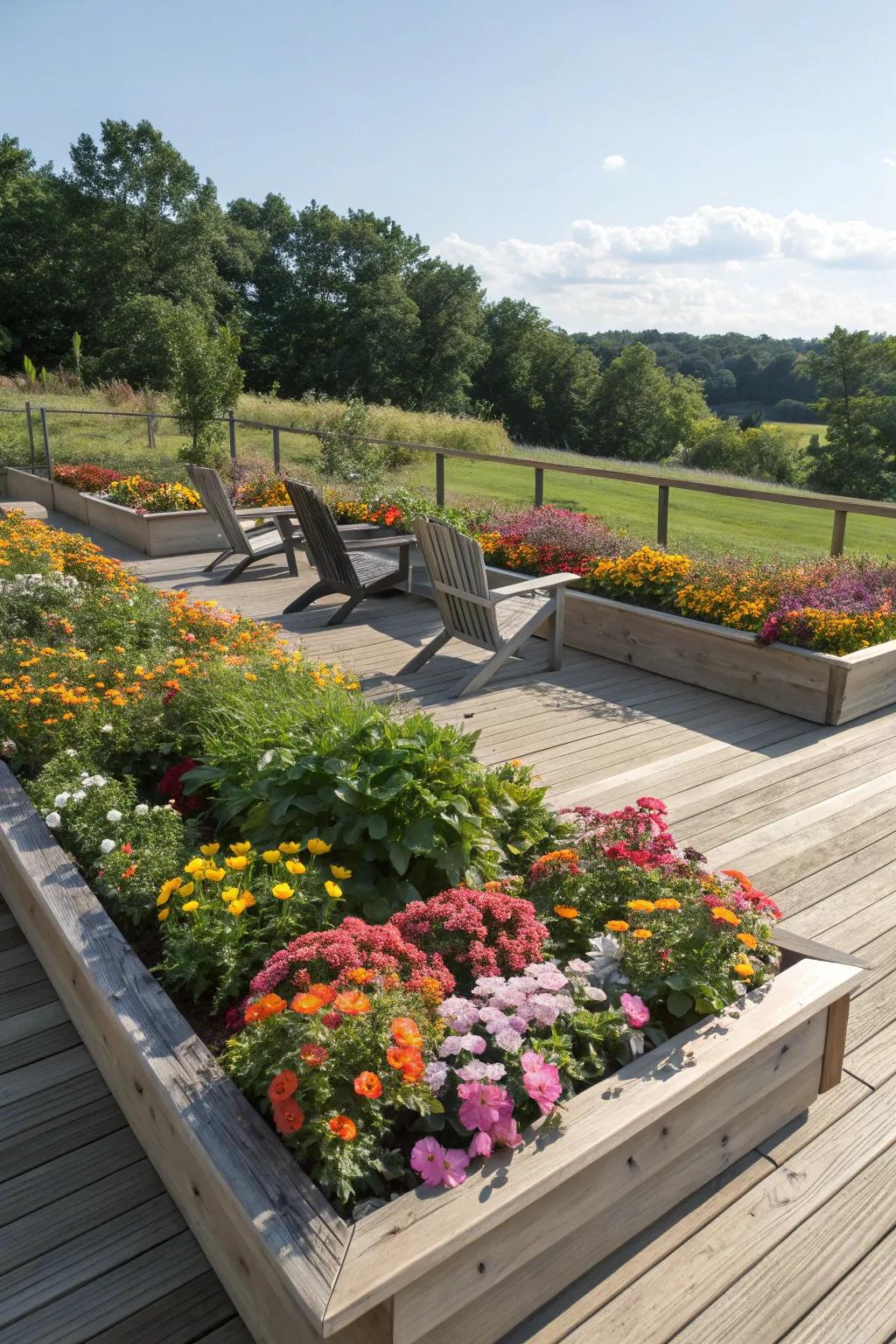 Elevated planting beds filled with colorful flowers surrounding a deck.