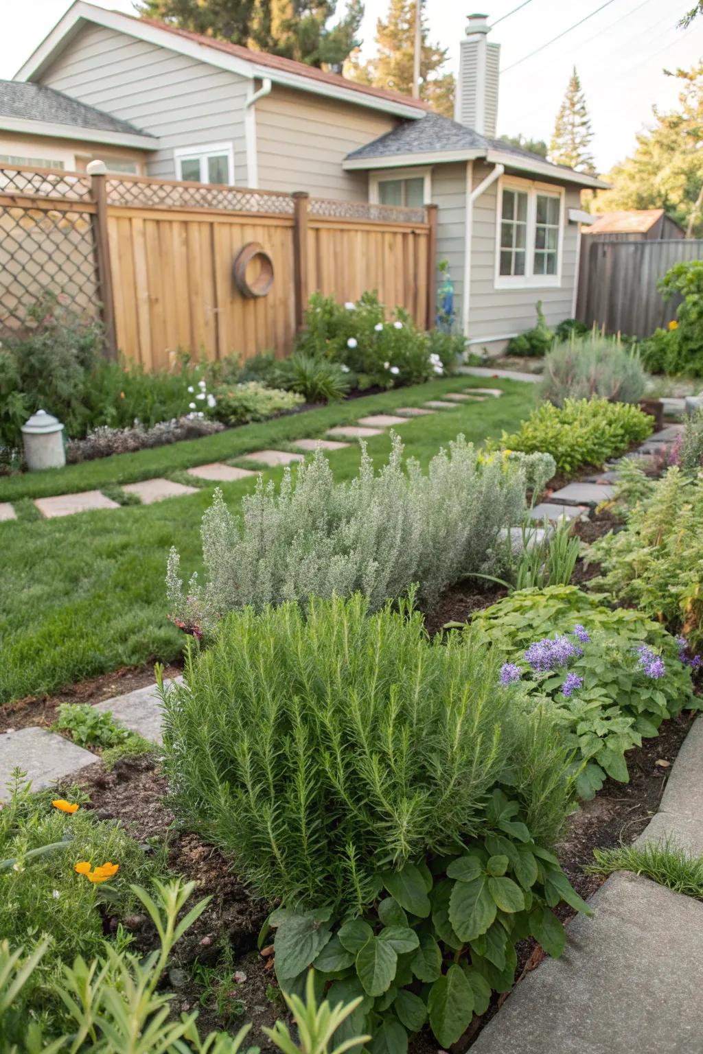 A verdant garden enhanced with flea-repelling lavender and mint.