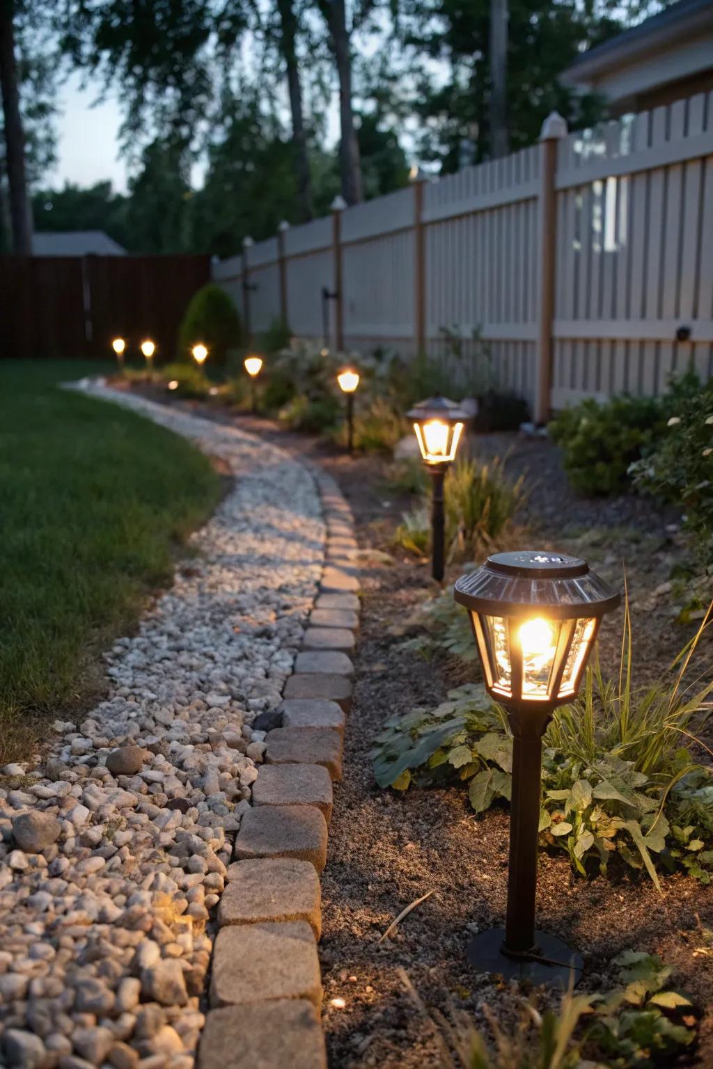 Solar lights add charm and safety with zero ongoing costs.