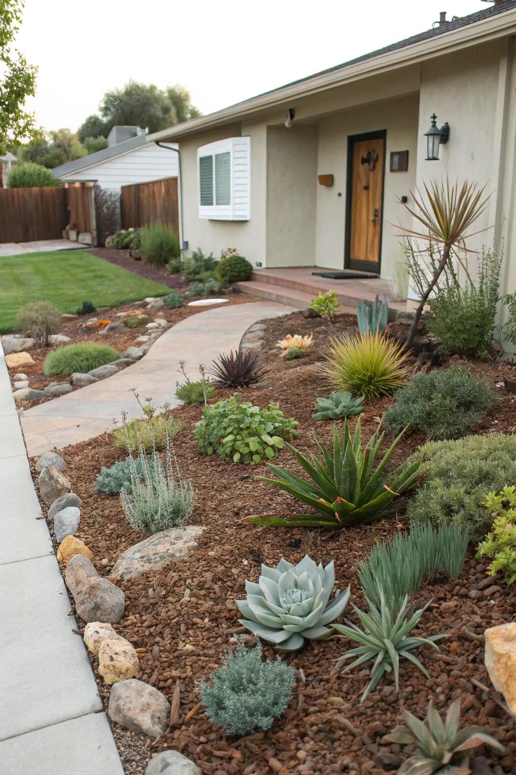 Mulch retains moisture and suppresses weeds, enhancing the xeriscape garden.