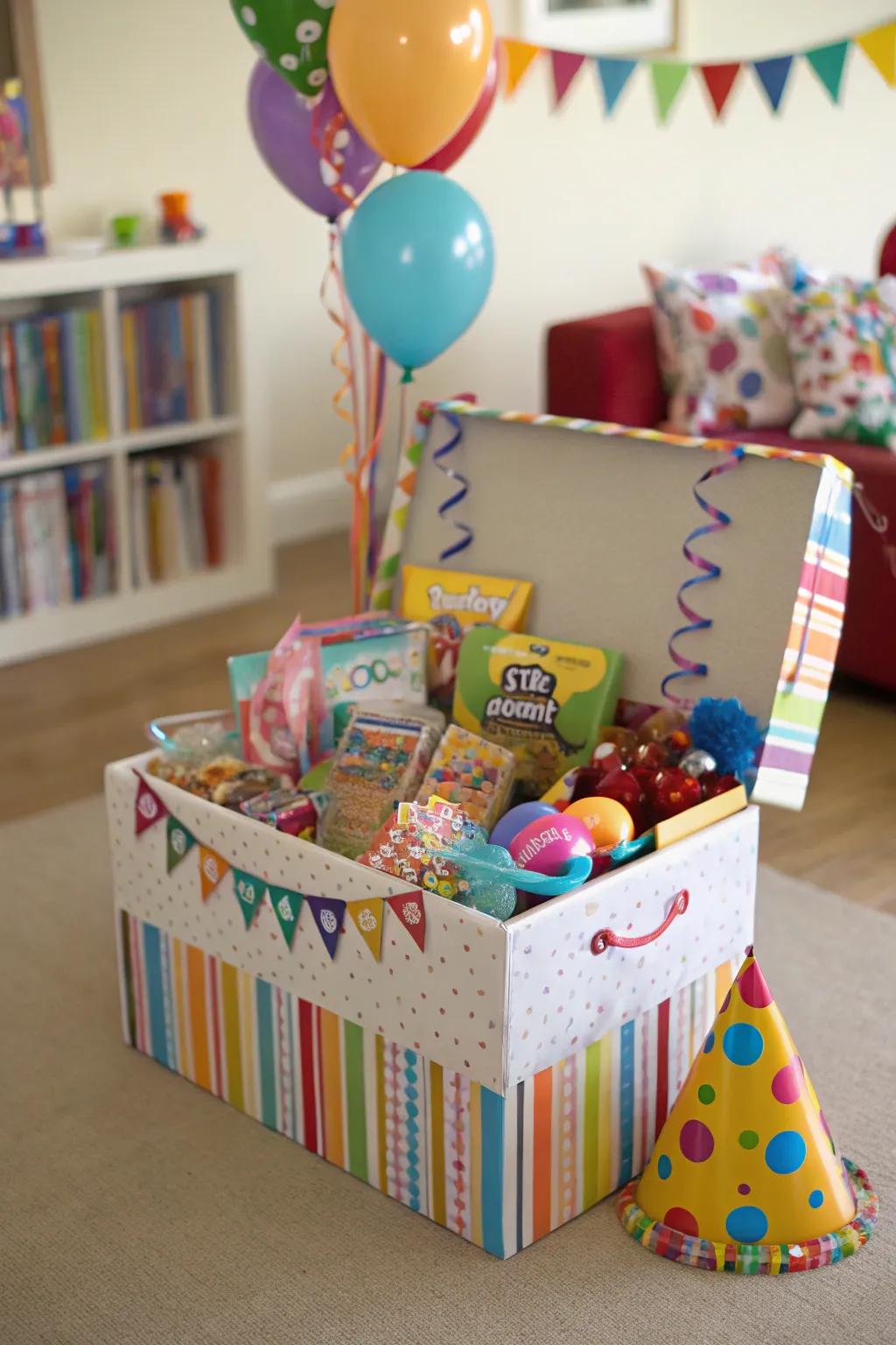 An inviting prize draw box filled with fun surprises for party guests.
