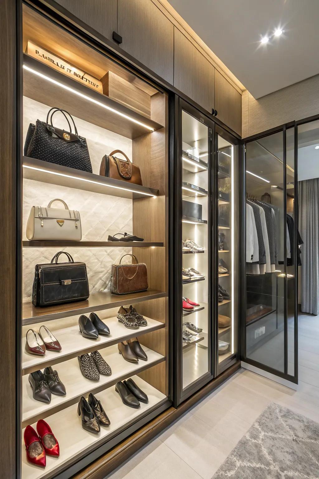 Open shelves exhibiting a carefully chosen collection of shoes and handbags.