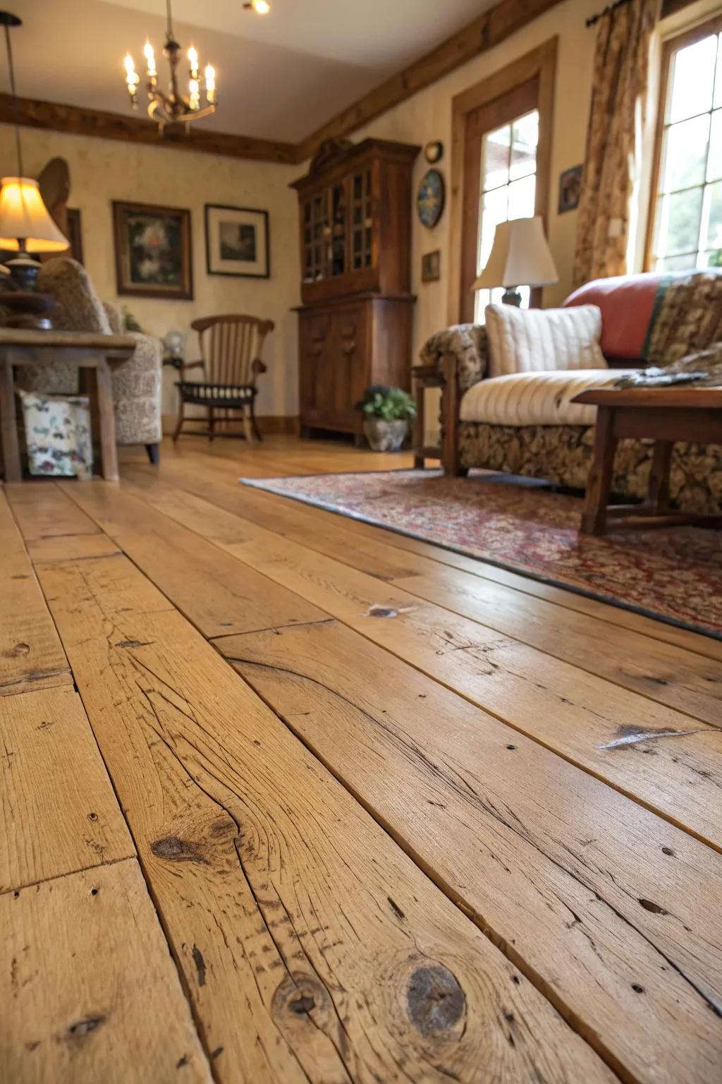 Reclaimed wood flooring adds historical charm and sustainability.
