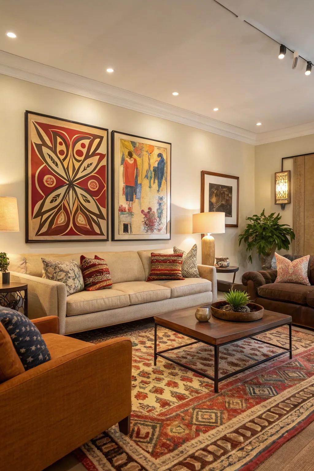 A striking art piece makes a bold statement in this glamorous living room.