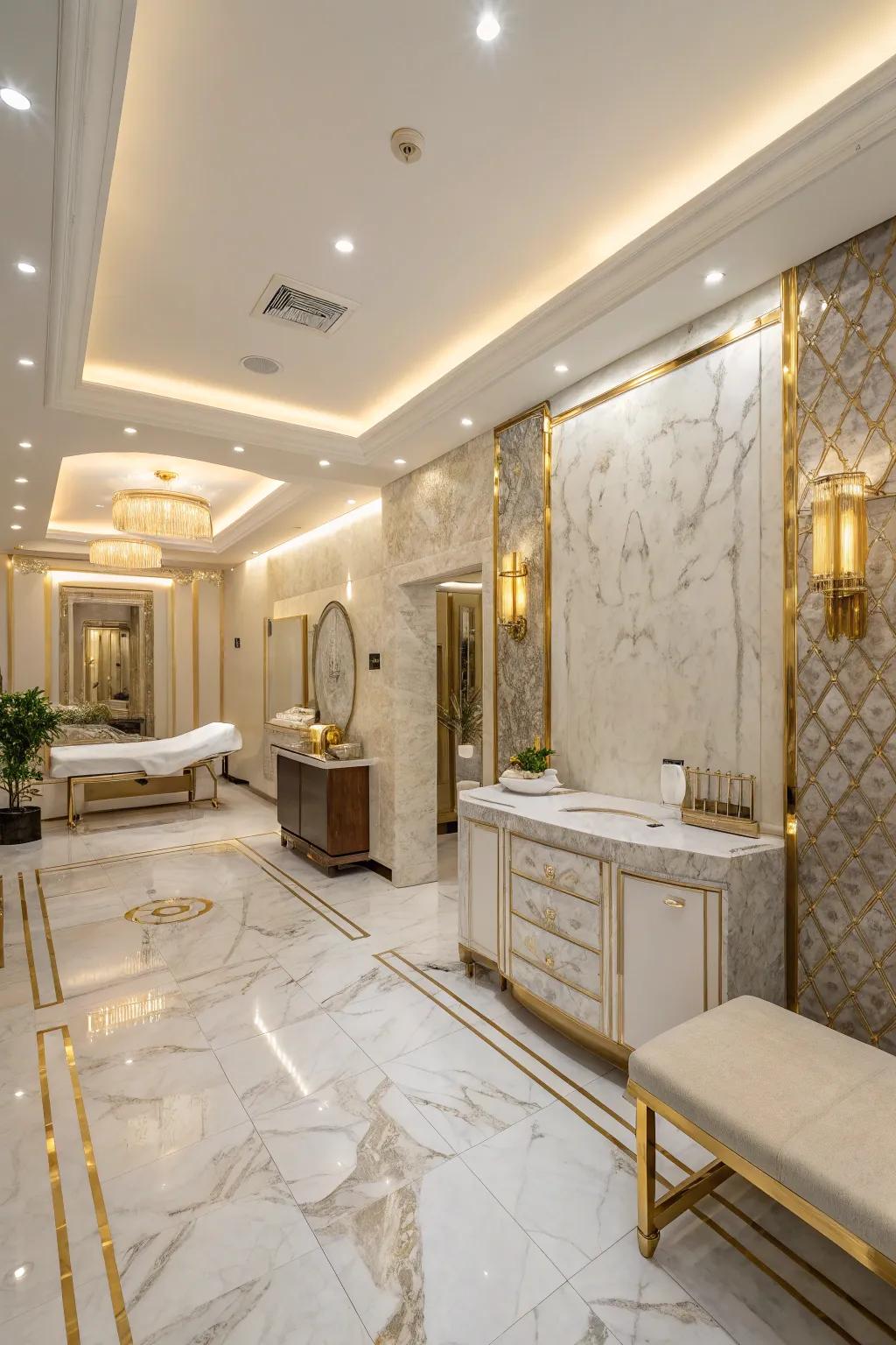 Extravagance is illuminated by marble and gold.