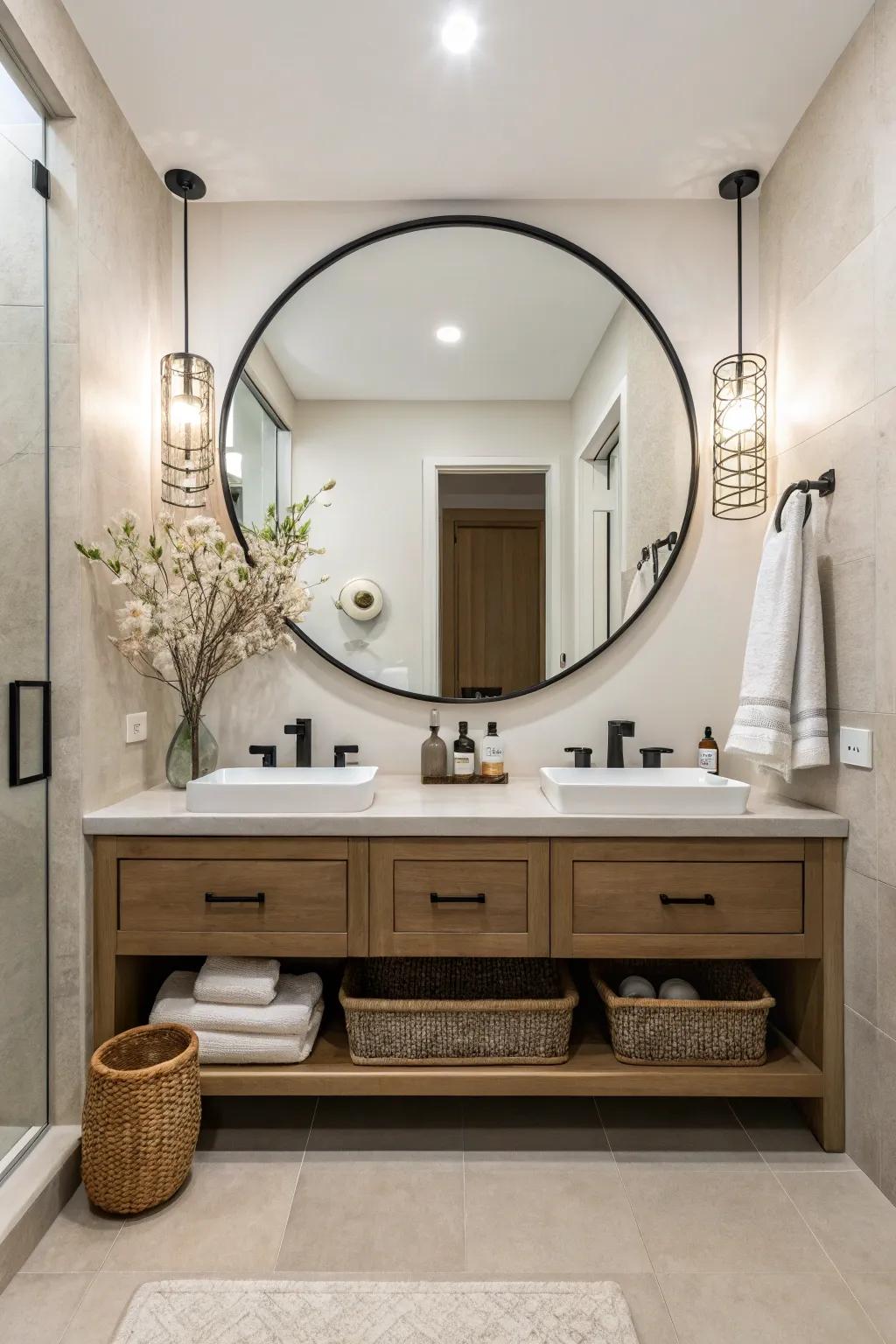 A generously sized reflective surface amplifying the space in a modern bathroom.