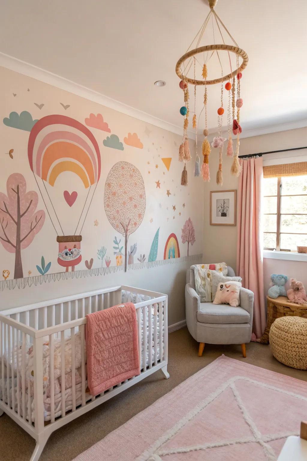 A nursery with distinctive decorative touches like a large art piece and a charming mobile.