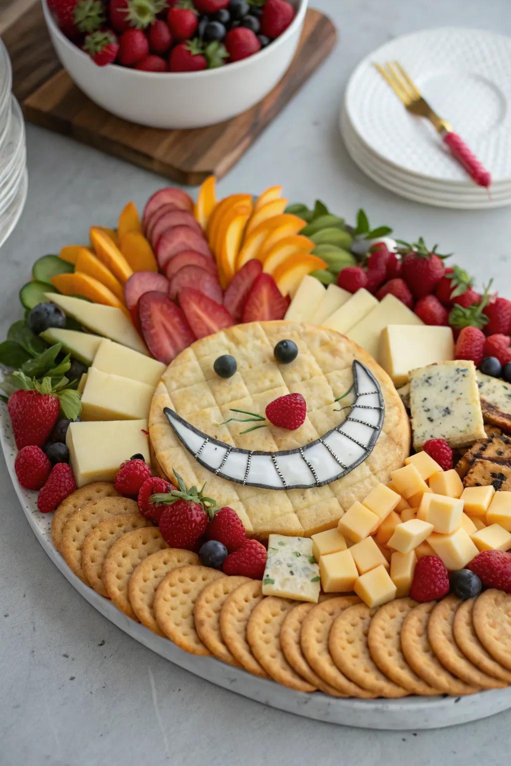A Cheshire Cat cheese platter featuring snacks arranged into a playful grin.