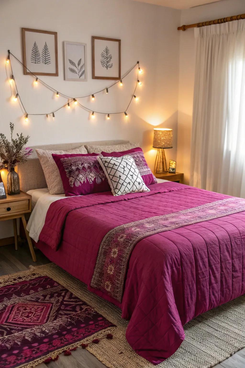 Magenta bedding adds a touch of warmth and coziness to this inviting bedroom.