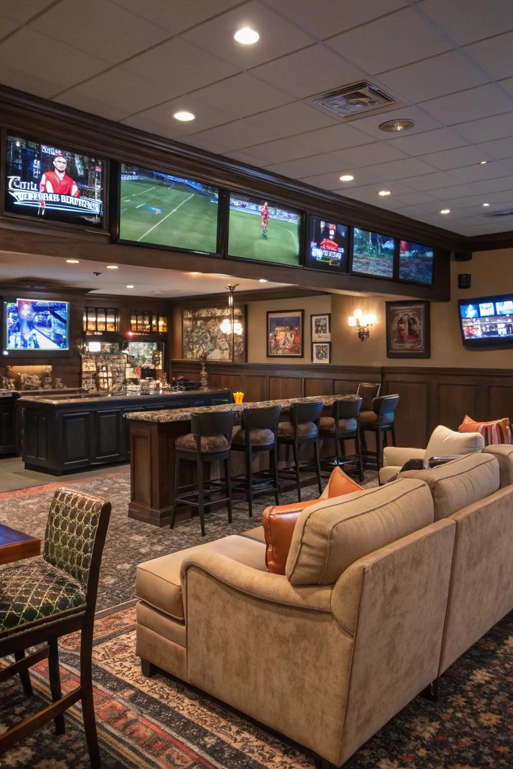 Enjoy the game with a sports bar setup in your man cave.