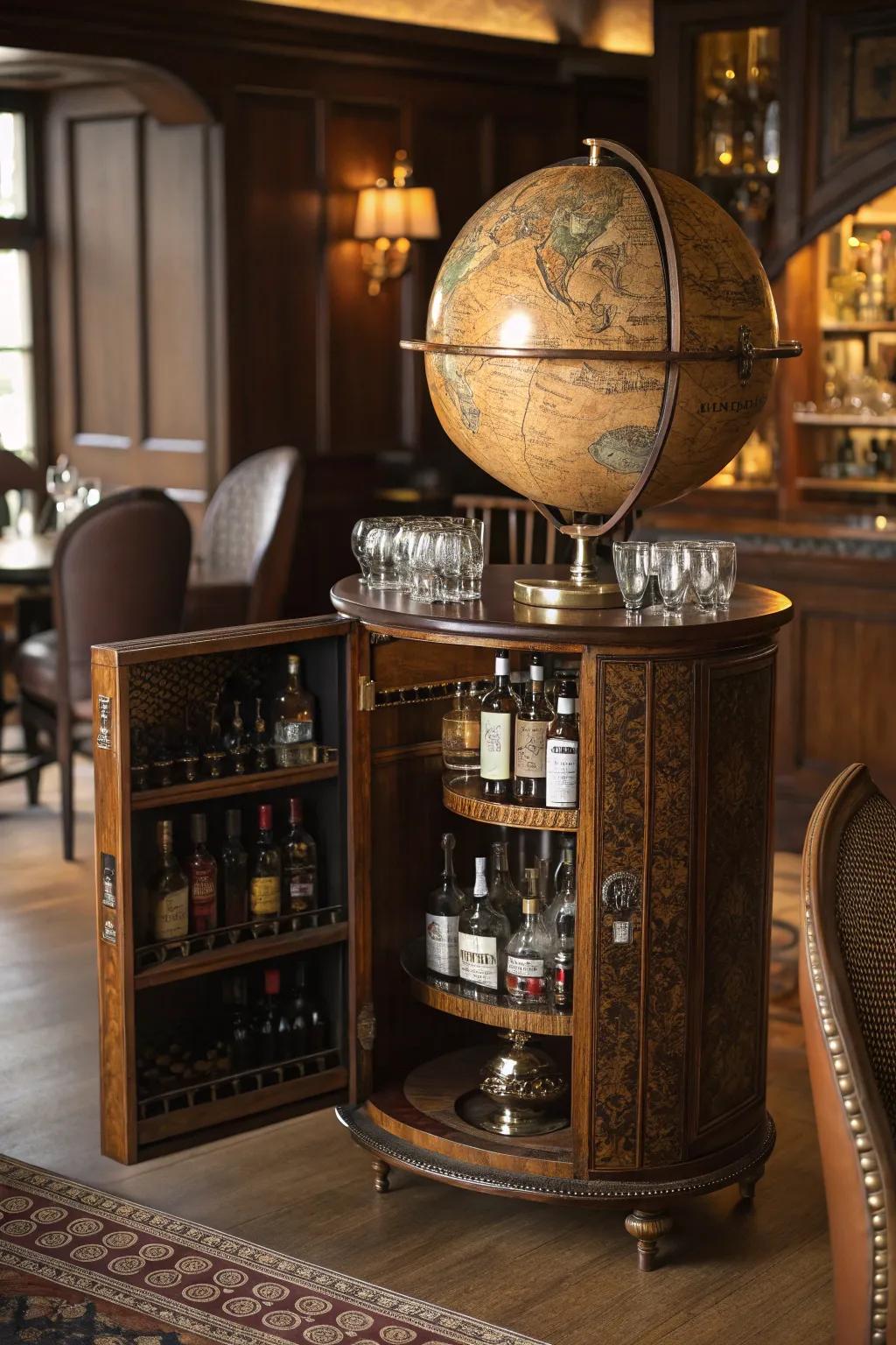 An antique globe bar serves as a stylish and functional centerpiece.