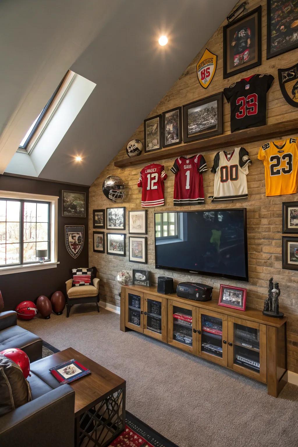 A sports zealot's ideal loft, filled with memorabilia and an expansive screen for game occasions.