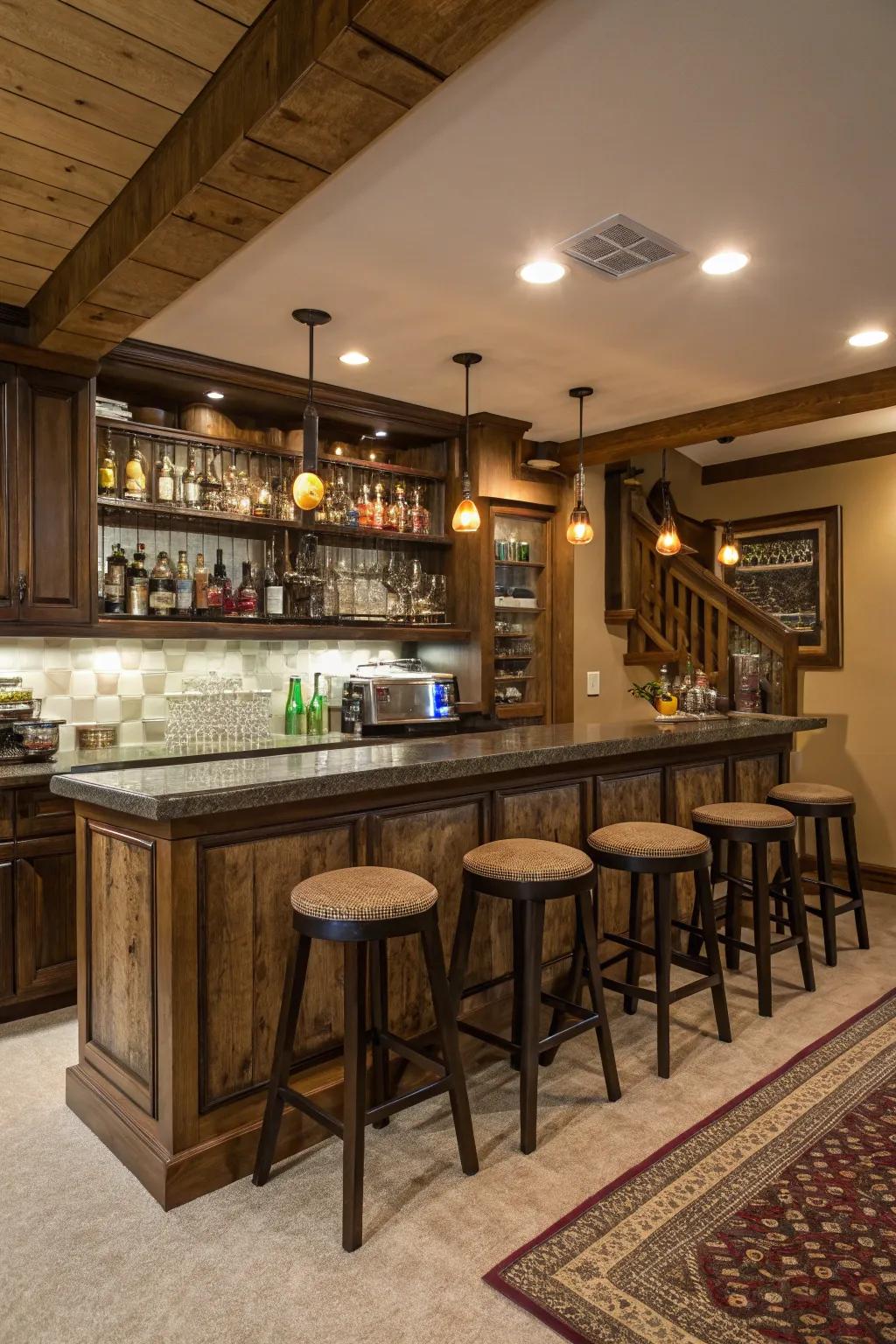 Unwind and host in a personalized pub man cave.