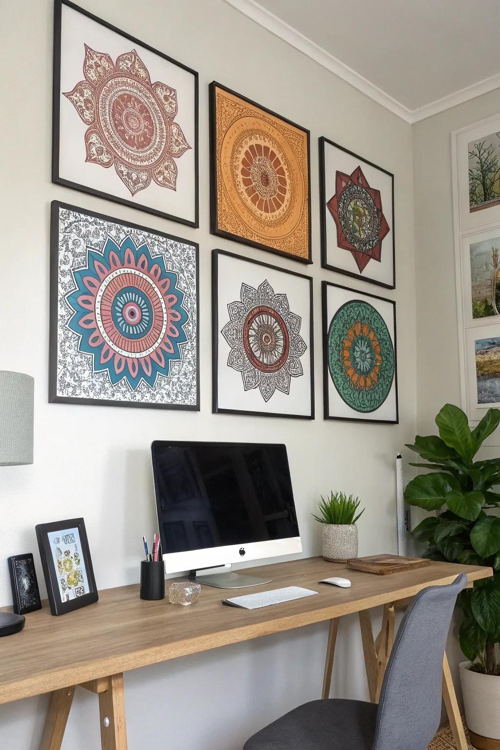 Framed digital sacred geometry designs adding a trendy flair to a work from home place.
