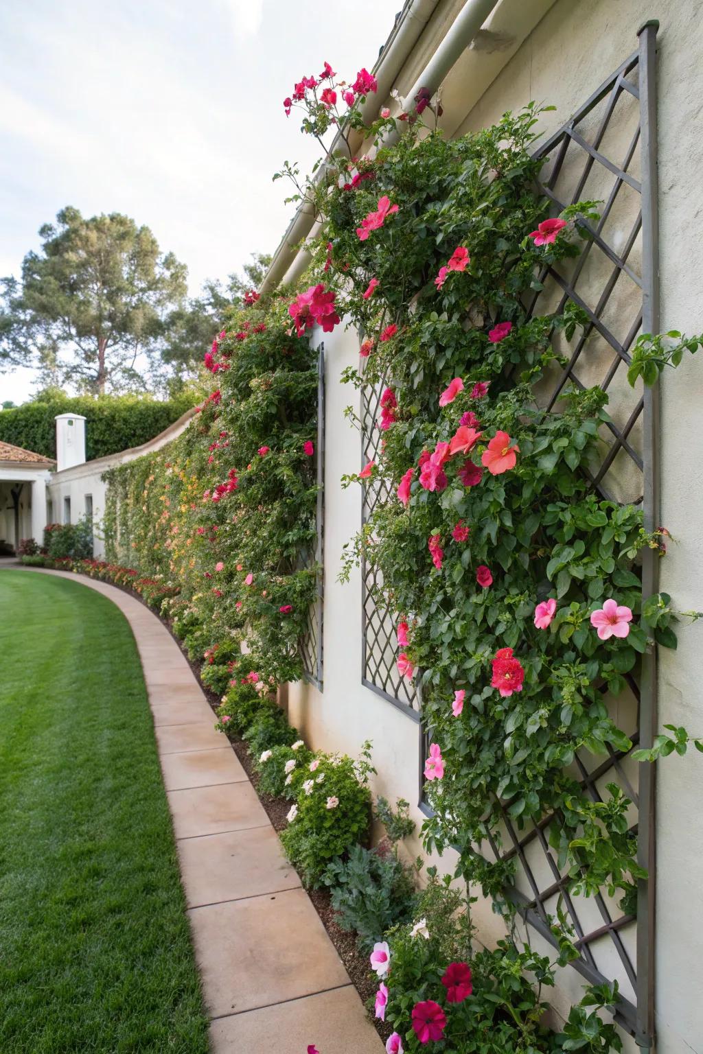 A wall-adhered trellis featuring mandevilla alters a simple wall into a vibrant spectacle.