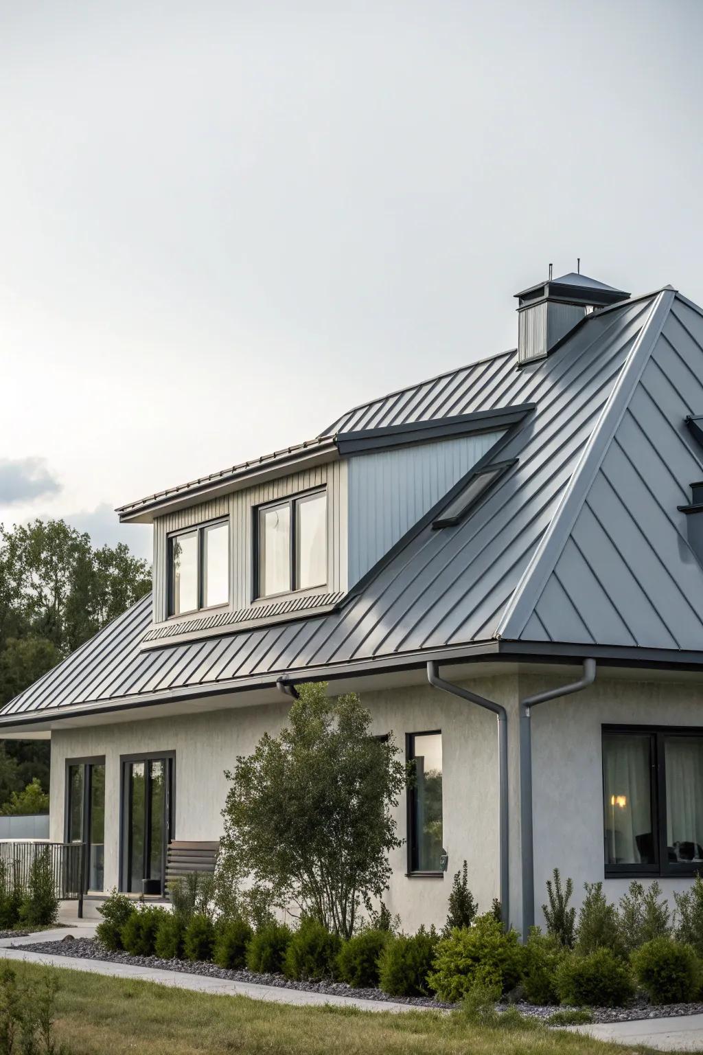 Metal roofing adds a contemporary edge to this mansard roof.