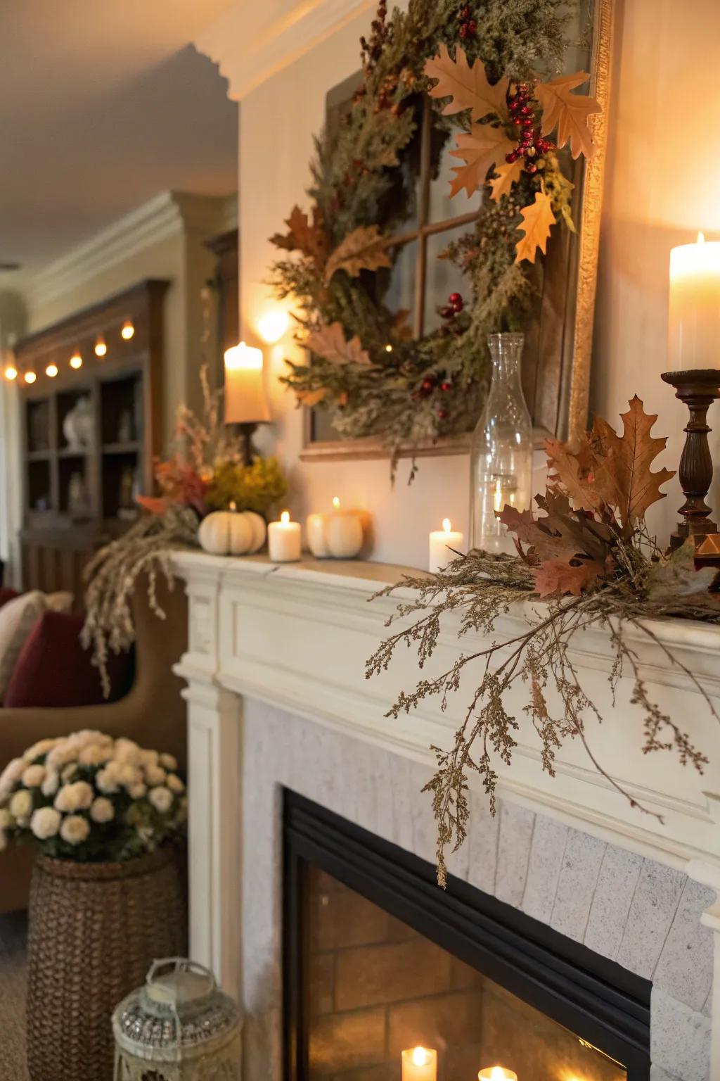 Seasonal nuances add subtle charm and variety to this mantel.