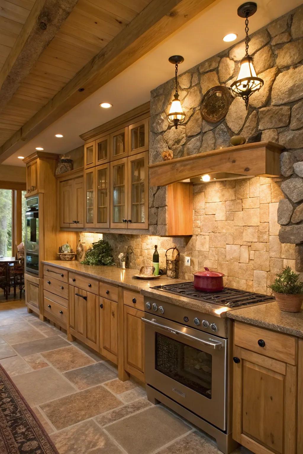 A country kitchen featuring untreated maple cabinets, filled with warmth and coziness.