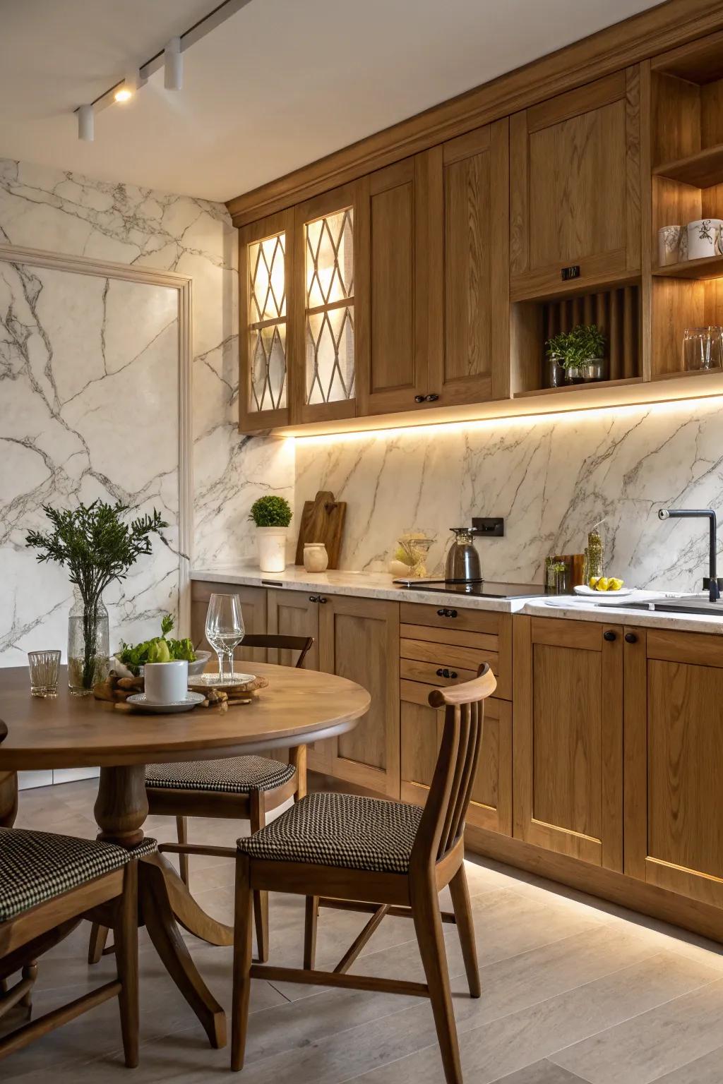 A harmonious mix of marble and wood creating a cozy kitchen environment.