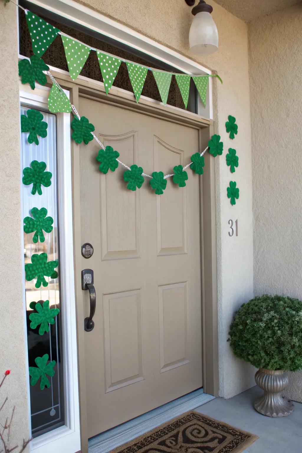A handcrafted clover pennant delivers a customized and joyous visual.