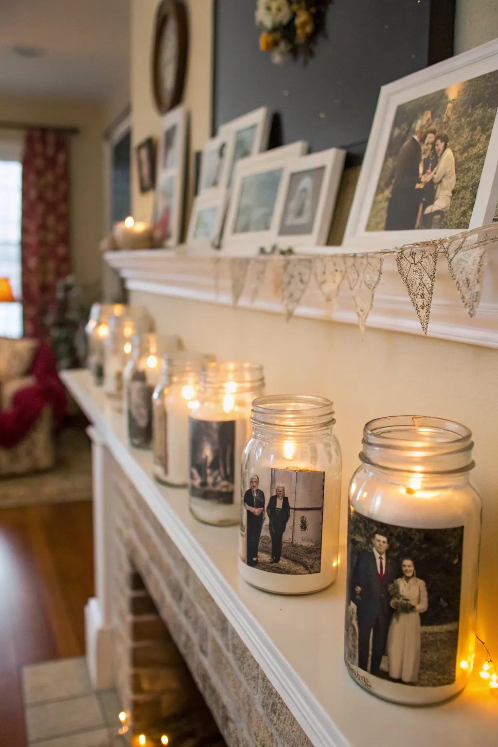 Nostalgic mason jar photo displays on a mantel.