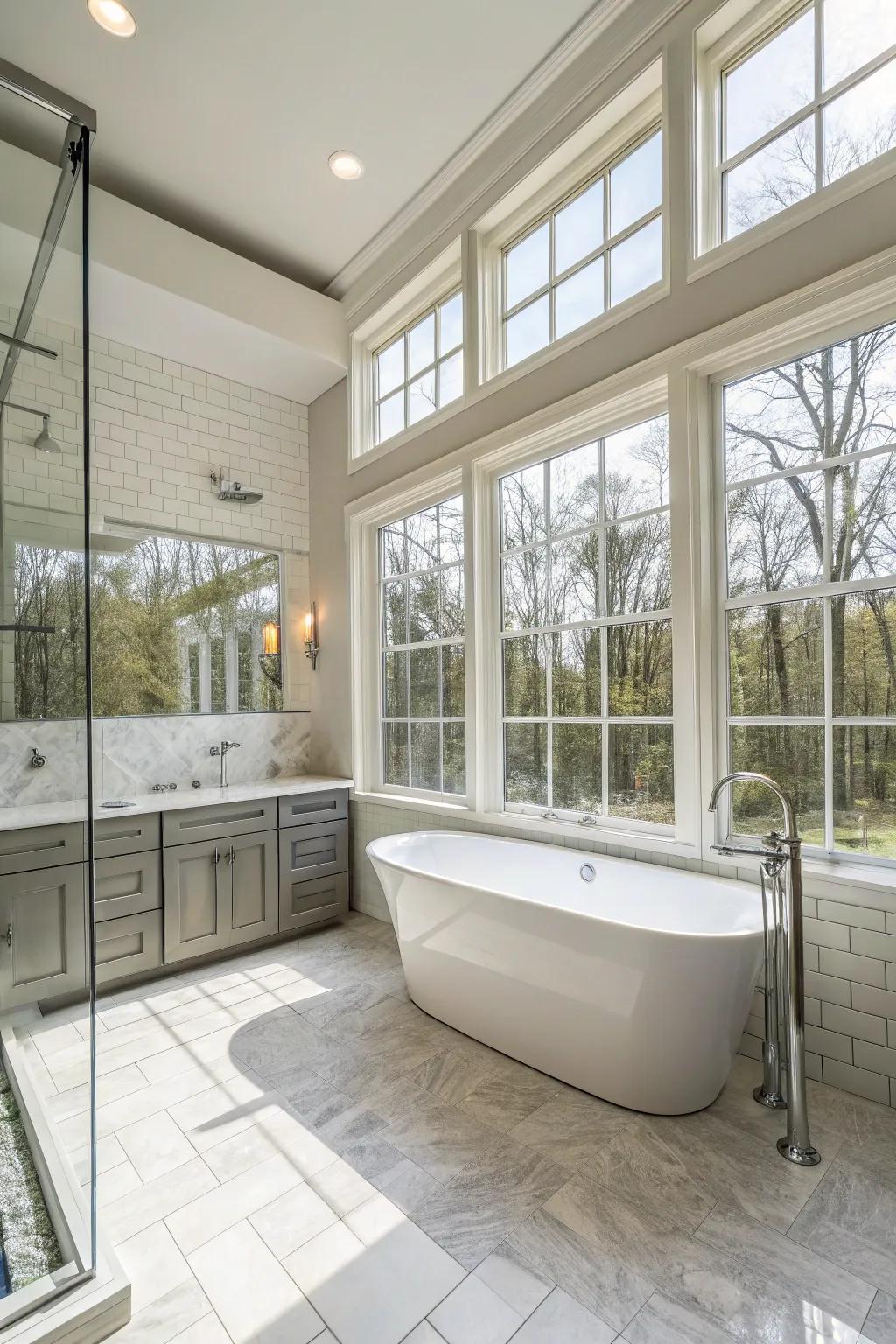 Natural light floods this master bathroom, creating a bright and inviting space.