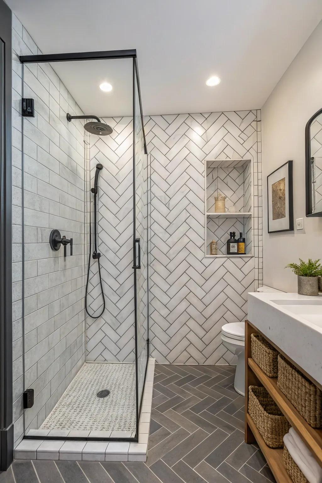 A shower presenting crisscross weave patterned pavers, delivering a merger of classic and contemporary forms.