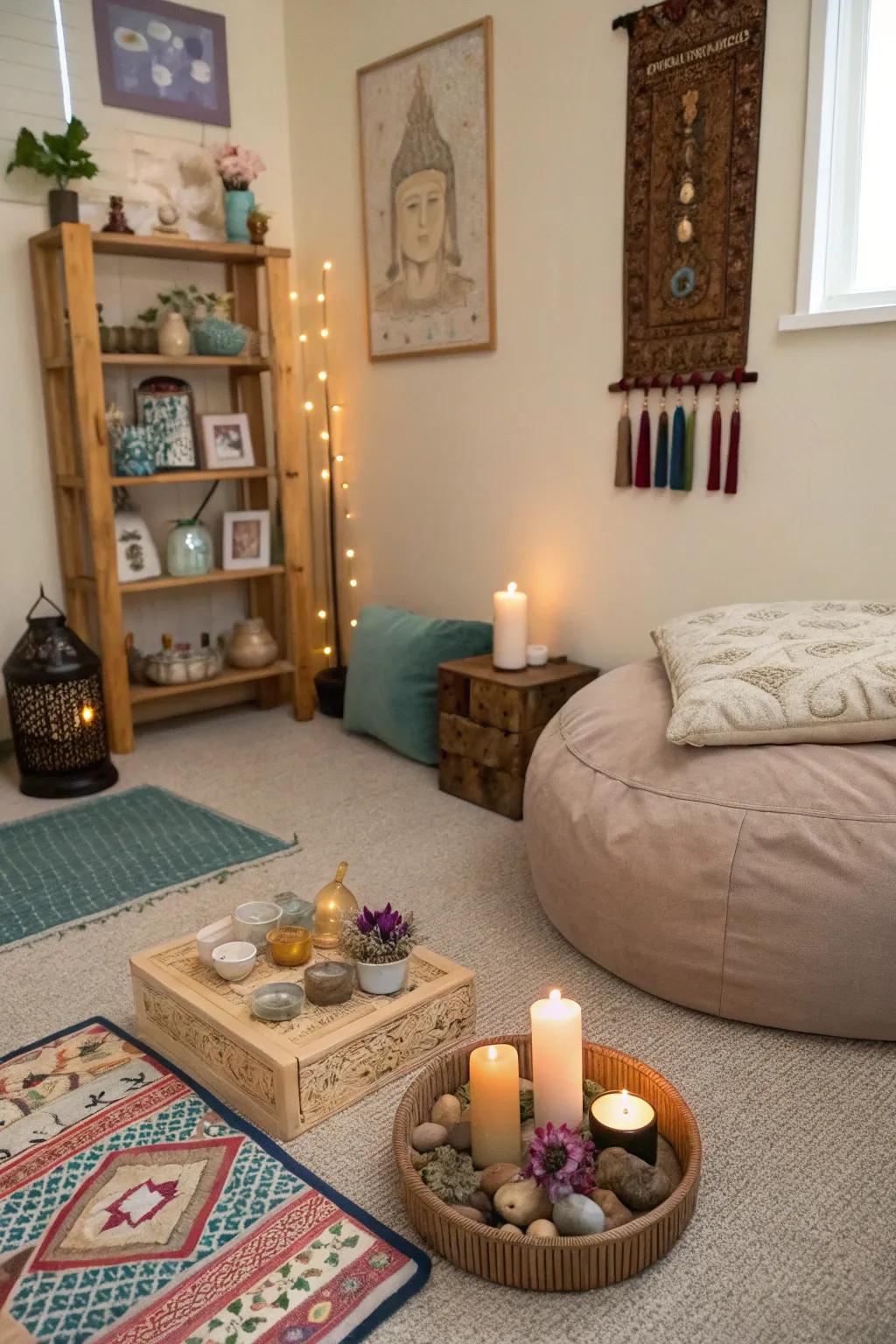 A meditation space enhanced with personal touches and spiritual artifacts.