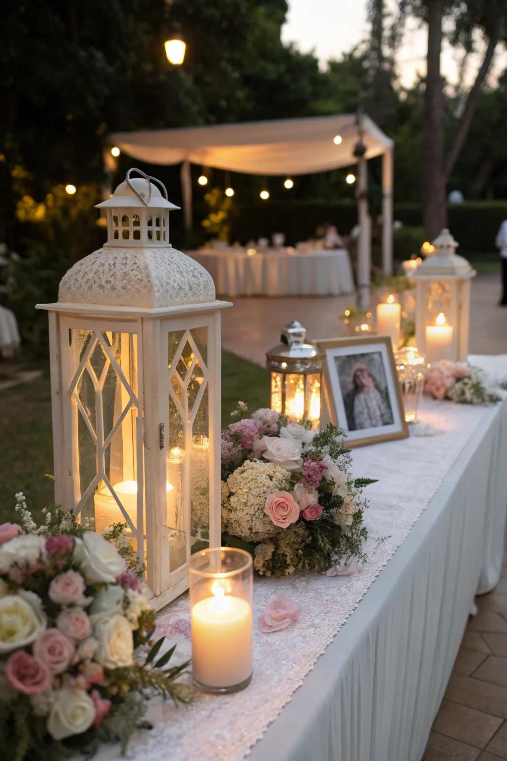 Lamps deliver a sensation of warmth and allure to the memorial arrangement.