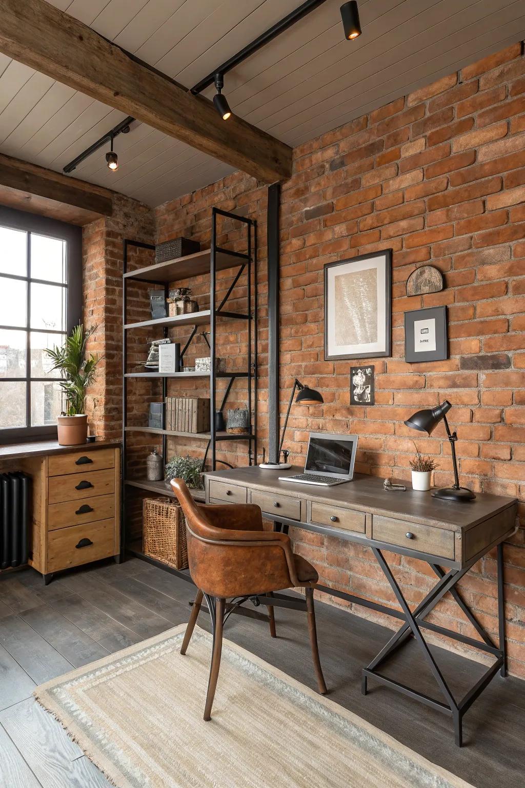 Industrial elements make a bold statement in this home office.